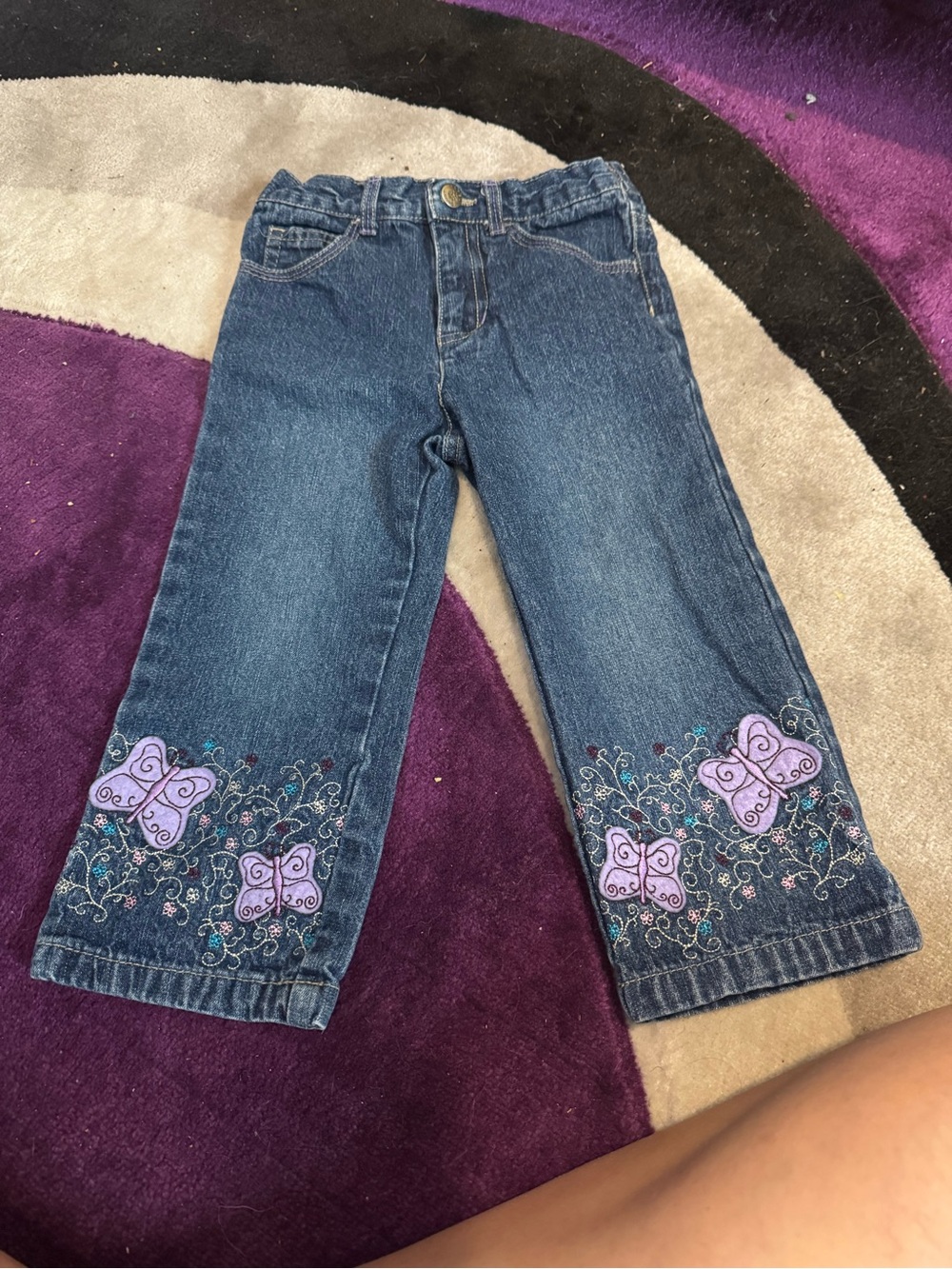 Faded Glory Dark Blue Denim Jeans with Purple Butterfly Embroidery